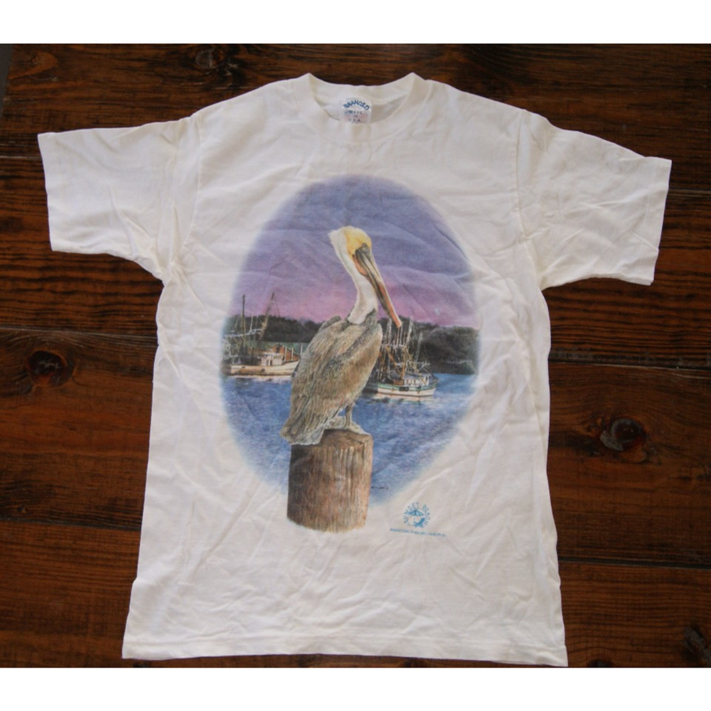 Vintage 90s Pelican Fishing Boats Screen Print Tee White M TShirt USA Made Art
